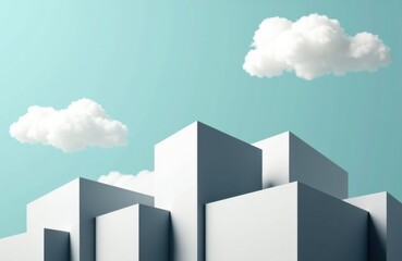 Fototapeta premium Modern white geometric buildings with a bright sky and fluffy clouds creating a minimalist urban scene
