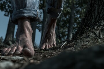 Fototapeta premium Forest wellness: barefoot walking for urban escape. Wellness trends. Discover unique european wellness practices for a balanced lifestyle. Community wellness. Wellness journey.