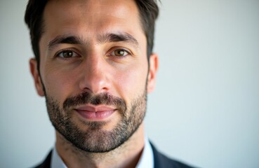 Close-up of a confident young man with dark hair and beard smiling softly at the camera