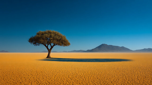 Solitary tree casting shadow on cracked desert floor under clear blue sky with distant mountains cracked earth - Powered by Adobe