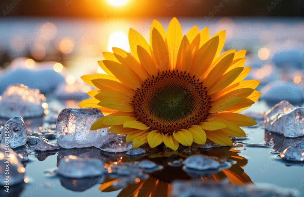Poster sunflower floating on water with ice and sunset in background creating a reflective scene