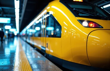 Obraz premium A modern yellow train arriving at an urban station with bright lighting and reflective surfaces