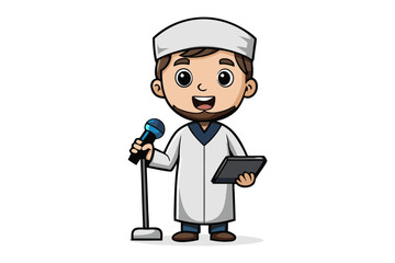 Smiling cartoon muslim boy wearing a green thobe and kufi holding a book on a white background