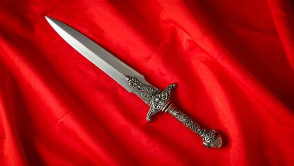 Ornate dagger on red fabric, detailed hilt, sharp blade, luxurious texture, rich color, elegant design.