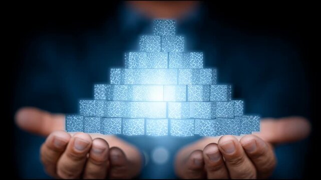 Business growth and strategy concept with a person building a glowing digital pyramid structure