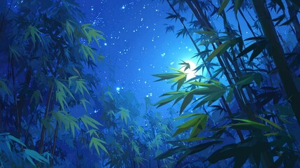 Anime style night forest with bamboo full moon