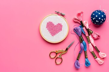 Flat lay composition with embroidery and different sewing accessories on pink background. Space for text.