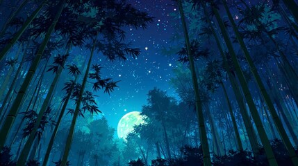 Anime style night forest with bamboo full moon