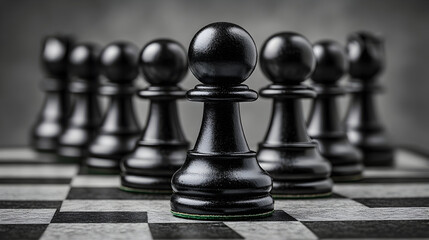 Black chess pawns arranged on a chessboard.