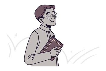 A charming cartoon illustration of an ancient wise man holding a scroll with a gentle smile