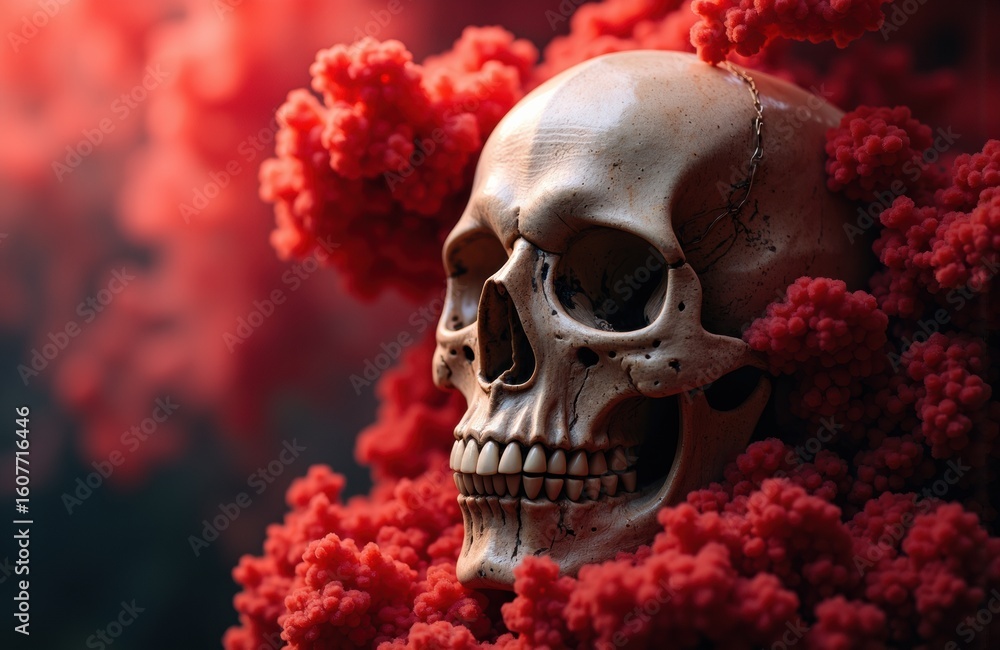 Aufkleber human skull surrounded by vibrant red clouds creating a dramatic and intense visual effect