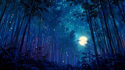 Anime style night forest with bamboo full moon