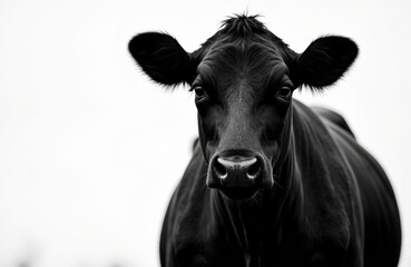 Fototapeta premium Close-up of a black cow facing forward with a plain white background