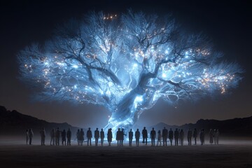 Community members part of holographic tree in rural landscape. Mental health support. South australia's farmers benefit from enhanced mental wellbeing support programs. Regional initiatives.