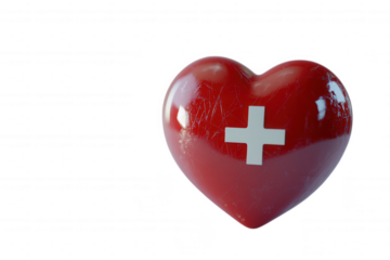 Shiny red heart with white cross symbol isolated on a transparent background image