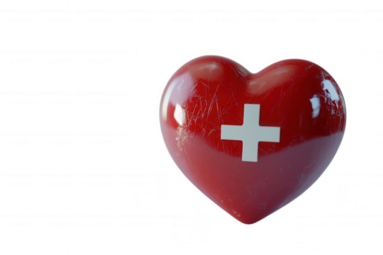 Shiny red heart with white cross symbol isolated on a transparent background image
