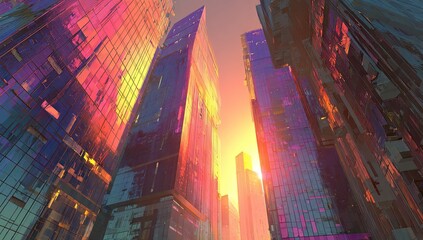 Cityscape Sunset Skyscrapers, vibrant colors, urban scene, business district, architectural design