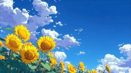 Bright yellow sunflowers under vibrant blue sky with fluffy clouds