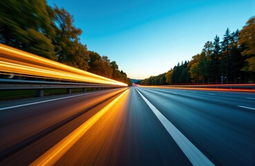A highway at dusk with streaks of light from moving vehicles creating a dynamic motion effect