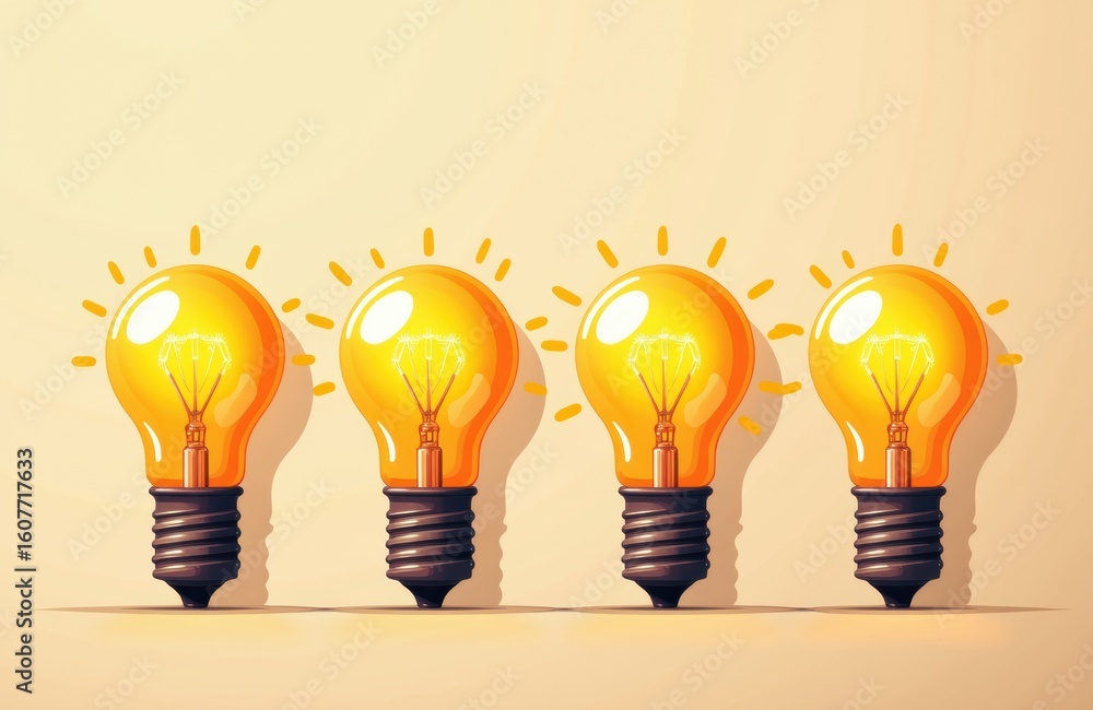 Poster four illuminated light bulbs with glowing filaments arranged in a row on a neutral background