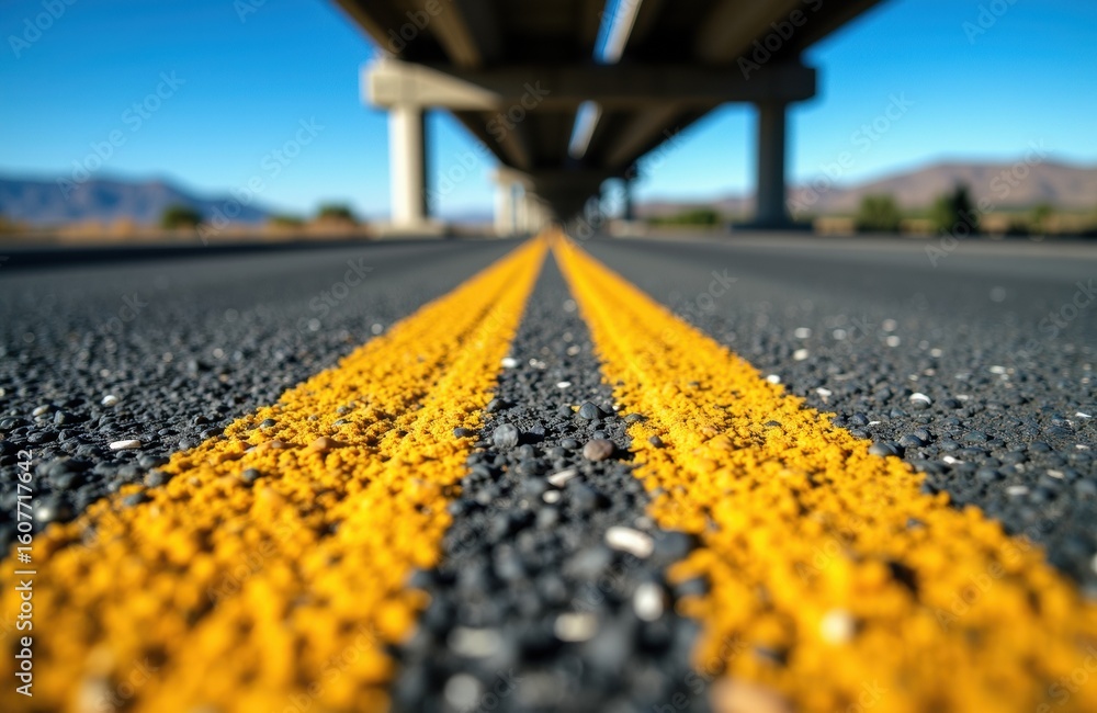 Poster a close-up view of a road with bright yellow double lines under a bridge structure