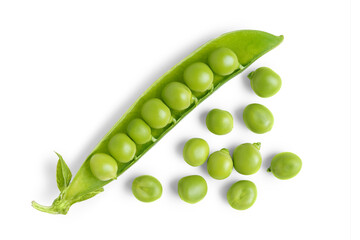 Open green pea pod with individual peas scattered around, isolated on white, transparent...