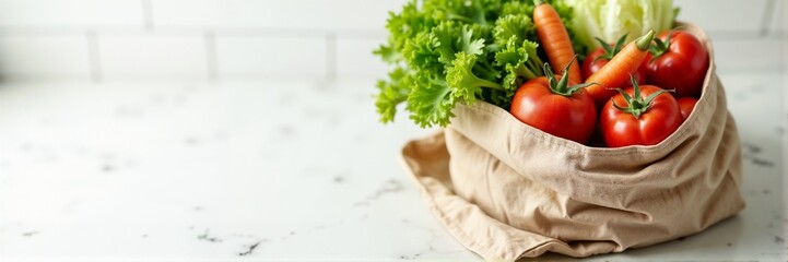 Fresh vegetables in bag, including tomatoes, carrots, lettuce and cabbage. Fresh vegetables showcase healthy eating and balanced nutrition.
