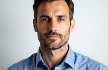Confident man with dark hair and beard wearing a blue shirt looking directly at the camera