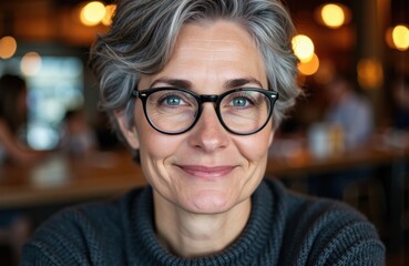 Woman with short gray hair and glasses smiling in a cozy indoor setting