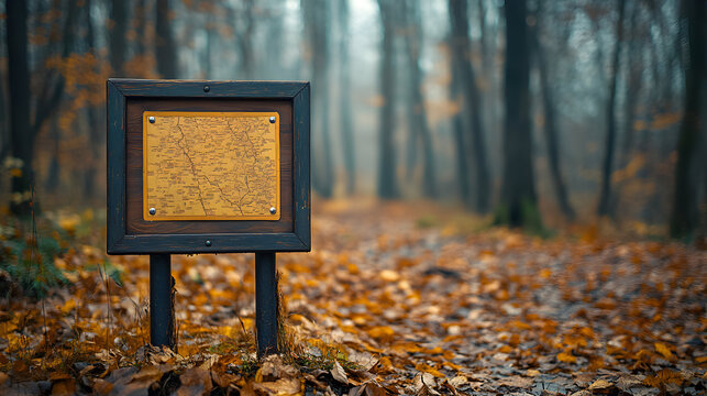 Blank wooden sign on a forest trail covered in autumn leaves.