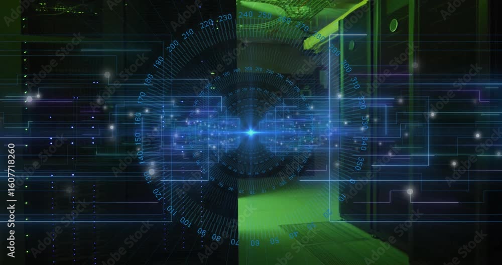 Poster interface appearing in data center, blue gauge rotating with grid pulsing and visualizing data flow