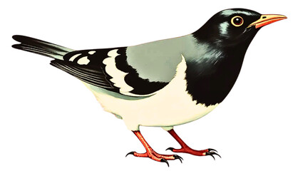 Colorful illustration of a standing bird with black and white plumage and orange beak