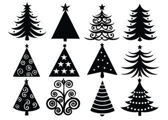 Obraz premium Sixteen unique black silhouette Christmas trees arranged in a grid