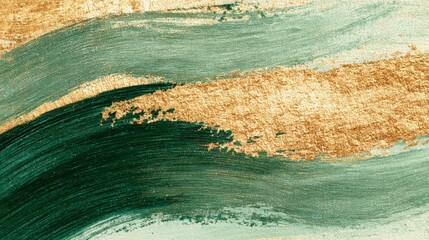 Green and gold brush strokes on textured paper abstract