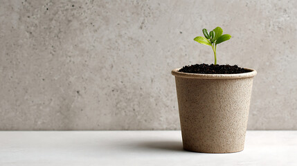 Fototapeta premium Tiny green sprout growing in a simple paper pot against a textured gray background seedling plant