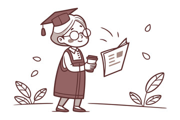 Friendly cartoon elderly gentleman with glasses and a book wearing a vest and tie ready to teach