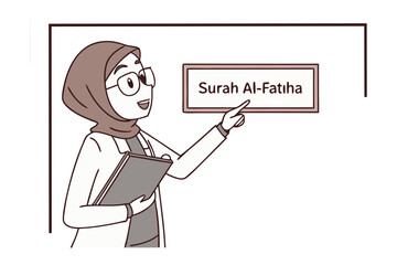 Joyful muslim teacher in a teal hijab leads a lesson for three young students wearing hijabs