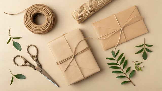 Thoughtfully wrapped gifts with natural twine and scissors, ready for beautiful presentation