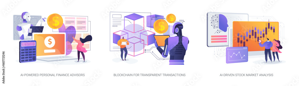 Poster ai financial tools and blockchain abstract concept vector illustrations.