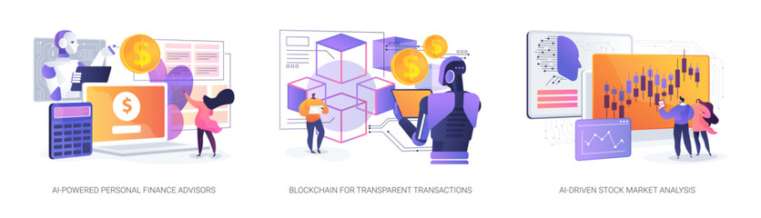 AI Financial Tools and Blockchain abstract concept vector illustrations.