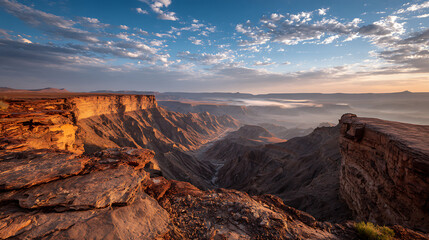 Obraz premium Vast canyon landscape bathed in golden sunrise light with dramatic rock formations and wispy clouds