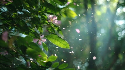 Sunlight filtering through lush green leaves falling
