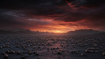 Sunset over a desolate landscape filled with metallic spheres; apocalyptic scene for sci-fi