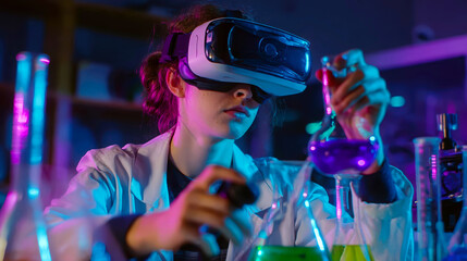 A scientist in a VR headset conducts a chemistry experiment.