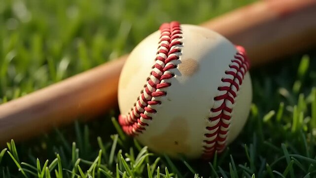 Baseball bat and ball on grass.