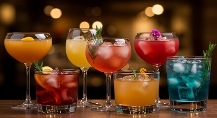 Obraz premium Colorful Cocktail Spectacle: A visually stunning array of meticulously crafted cocktails, each displaying a unique vibrant hue and enticing garnishes.