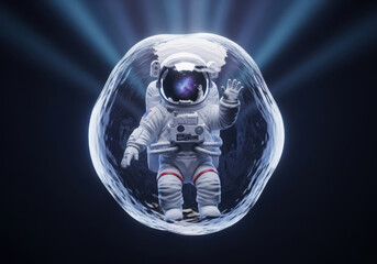Astronaut encased in a glowing transparent sphere against a dark cosmic background