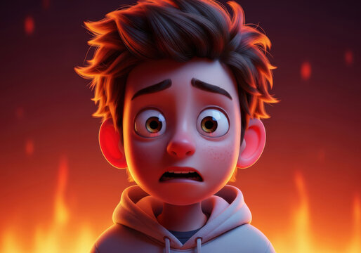 Young boy s terrified expression amidst fiery orange background and smoke