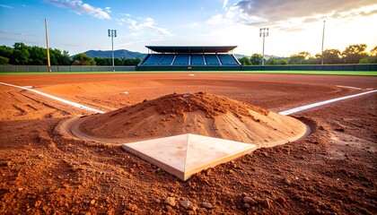 Baseball diamond infield at sunset. Elevated view of home plate and pitcher's mound under a partly cloudy sky. Dirt field, stands in the background