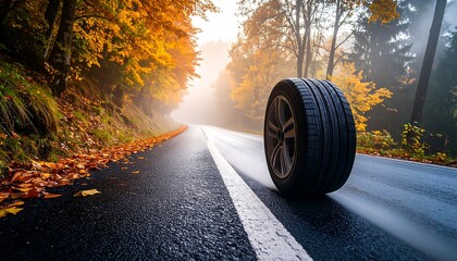 Autumnal road scene with a tire